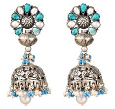 92.5 Sterling Silver Earrings Online Jhumkies With Pearls And Turquoise Color Beads