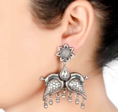 92.5 Sterling Silver Earrings With Peacock Motif And Flower Stud