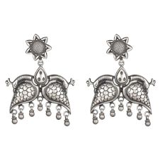 92.5 Sterling Silver Earrings With Peacock Motif And Flower Stud