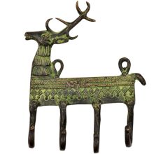 Brass 4 Hooks Deer with a Small Tail And Tribal Engraved Design
