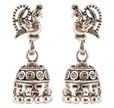925 Sterling Silver Earrings Peacock on Top Base Floral Design Traditional Jhumkies