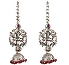 92.5 Sterling Silver Earrings Temple style With Ganesha Idol Surrounded by Two Peacocks And A Chain