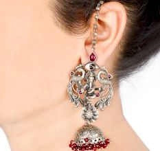 92.5 Sterling Silver Earrings Temple style With Ganesha Idol Surrounded by Two Peacocks And A Chain