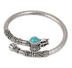 92.5 Sterling Silver BangleTrishul Damroo Turquoise Stone Designer Kada