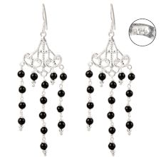 92.5 Sterling Silver Earrings Long Danglers With Tiny Black Onyx Beads