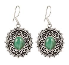 92.5 Sterling Silver Drop Earring With Green Malachite Engraved Earrings