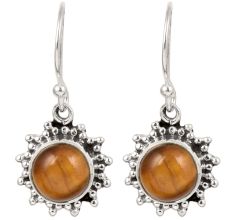 92.5 Sterling Silver Earrrings Round Tiger Eye Hanging Earrings