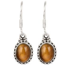 92.5 Sterling Silver Earrings With Oval Tiger Eye  Drop Earrrings