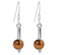 92.5 Pure Sterling Silver Earrings Ball Design Tiger Eye Stone Dangler Hook Earring