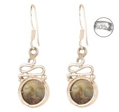 92.5 Sterling Silver Earrings  Round Green Jade Drop Earrings