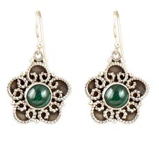 92.5 Sterling Silver Earrings Round Malachite Decorative Dangle Earrings