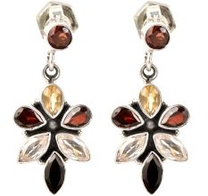 92.5 Sterling Silver Earrings Multi Natural Semi-Precious Gem Floral Drop Earrings