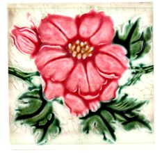 Old Ceramic Tile With  Red Floral Design