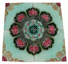 Old Ceramic Tile Green Background Floral Design Tile (Set Of 4)