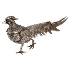 Silver Plated Peacock Figurine With Long Feathers
