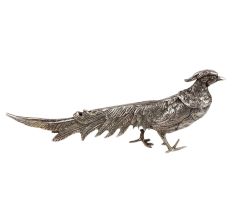 Silver Plated Peacock Figurine With Long Feathers