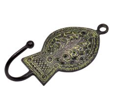 Tribal Wall Hook Engraved Border Leaf Design With Patina