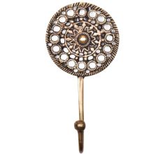 Golden Brass Wall Hook Round Floral In Engraved Tribal Style