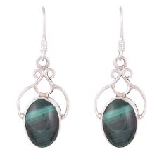 92.5 Sterling Silver Earrings Single Oval Melachite Drop Dangle Earrings