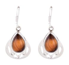 92.5 Sterling Silver Earrings Oval Tigers Eye Teardrop Earrings