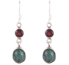92.5 Sterling Silver Earrings Garnet Melachite Dangle Earrings