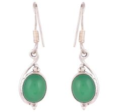 92.5 Sterling Silver Earring Single Oval Shaped Green Agate Hook Earrings