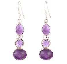 92.5Sterling Silver Dangle Earrings Three Stone Faceted Amethyst Earrings
