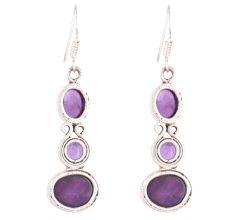 92.5Sterling Silver Dangle Earrings Three Stone Faceted Amethyst Earrings
