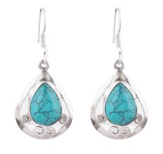 92.5 Sterling Silver Earrings Turquoise Oval Framed Hook Earrings