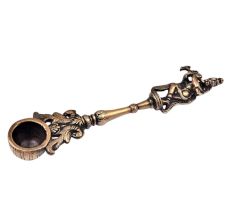 Brass Krishna Havan Spoon With Flute And Peacocks