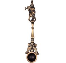 Brass Krishna Havan Spoon With Flute And Peacocks