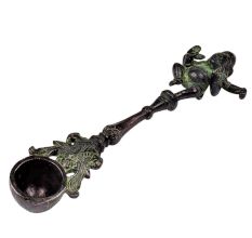 Brass Dancing Ganesha Havan Spoon With Peacocks With Green Finish