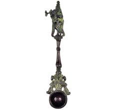 Brass Krishna Havan Spoon With Flute And Peacocks With Green Finish