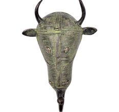 Handmade Brass Tribal Bull Face Wall Hook with Horns And Green Finish