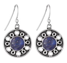 92.5 Sterling Silver Earrings Round Lapis Lazuli Floral Carvings Danglers
