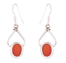 92.5 Sterling Silver Earrings Oval  Carnelian Hook Earrings