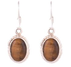92.5 Sterling Silver Earring Tiger's Eye Round Silver Border Drop Earrings