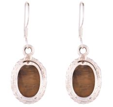 92.5 Sterling Silver Earring Tiger's Eye Round Silver Border Drop Earrings