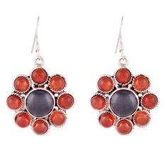 92.5 Sterling Silver Earrings Carnelian Flower Dangle Earrings