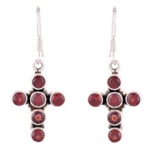 92.5 Sterling Silver Earring Red Jade Cross Design Dangle Earrings