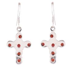 92.5 Sterling Silver Earring Red Jade Cross Design Dangle Earrings