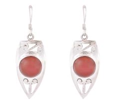 92.5 Sterling Silver Earrings Round Red Agate Boat Shaped Earrings
