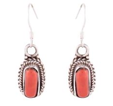 92.5 Sterling Silver Earrings Rectangular Shaped Coral Stone Earrings