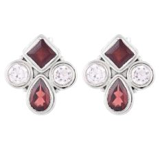92.5 Sterling Silver Earrings  Garnet And American Diamond Stud Earrings
