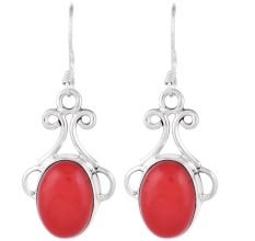 92.5 Sterling Silver Earrings Red Coral Hoop Earrings