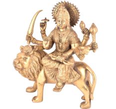 Brass Goddess Durga Statue Sitting On Tiger