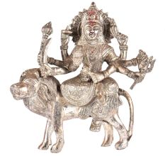 Brass Durga Statue Sherawali Mata With Silver Polish