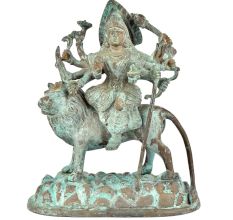 Brass Goddess Durga Statue Sitting On Tiger With Patina Finish