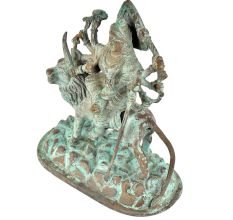 Brass Goddess Durga Statue Sitting On Tiger With Patina Finish