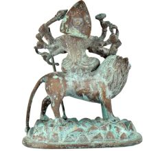 Brass Goddess Durga Statue Sitting On Tiger With Patina Finish